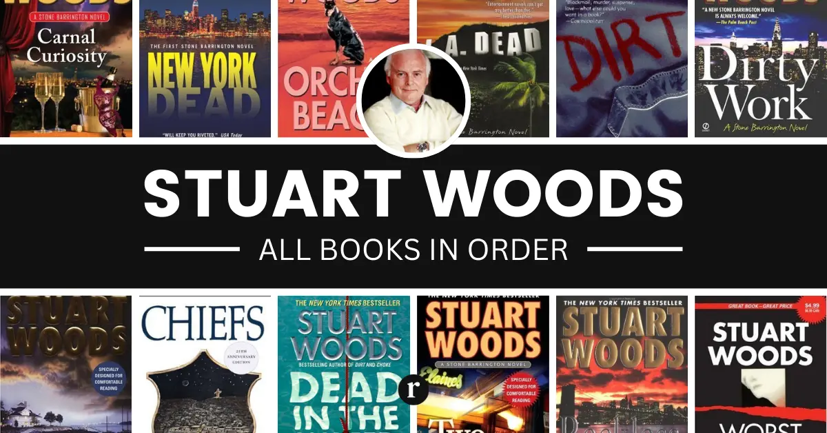 Stuart Woods books arranged in order by series, featuring covers of popular novels like Stone Barrington and Holly Barker series.