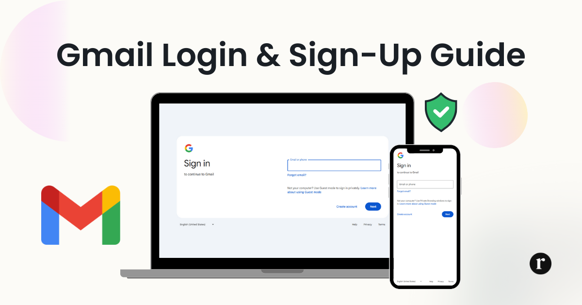 Illustration showing a laptop and smartphone with the Gmail login screen displayed, accompanied by the Gmail logo, a security shield icon with a checkmark, and the text 'Gmail Login & Sign-Up Guide' on a light background with abstract shapes.